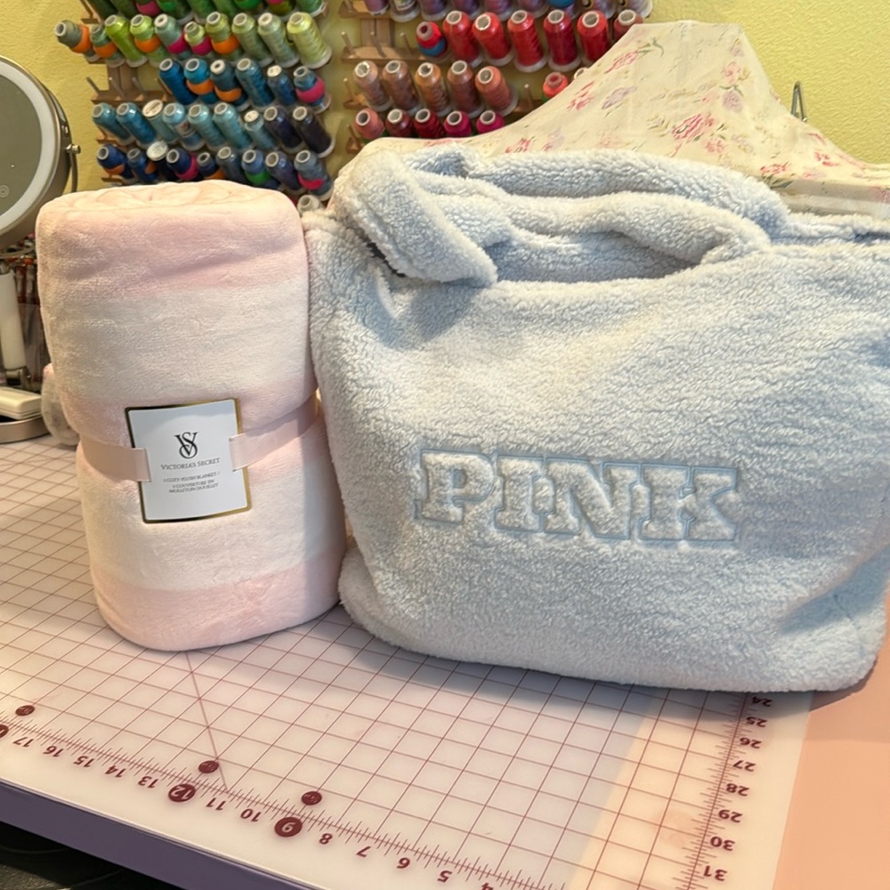 Victoria’s Secret powder, blue tote, and pink and white blanket new with tags